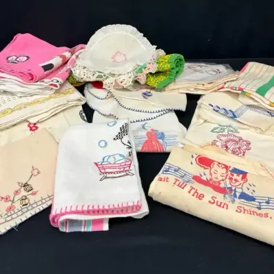 Vintage Tea Towels, Doilies, + More