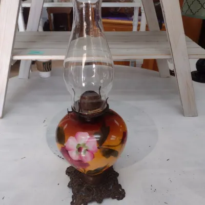 Sale Photo Thumbnail #642: Vintage Oil Lamp with Ceramic Painted Base (#90)