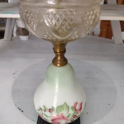 Sale Photo Thumbnail #620: Vintage Oil Lamp with Ceramic Painted Base (#86)