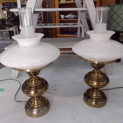 Sale Photo Thumbnail #576: Pair of Matching Brass Post Floor Lamps with Milk Glass Shades (#78)