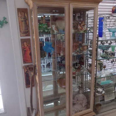 Sale Photo Thumbnail #212: Large Glass Curio Cabinet with Wrought Metal Scroll Accents (#29)