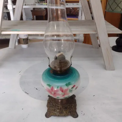 Sale Photo Thumbnail #646: Vintage Oil Lamp with Ceramic Painted Base (#91)