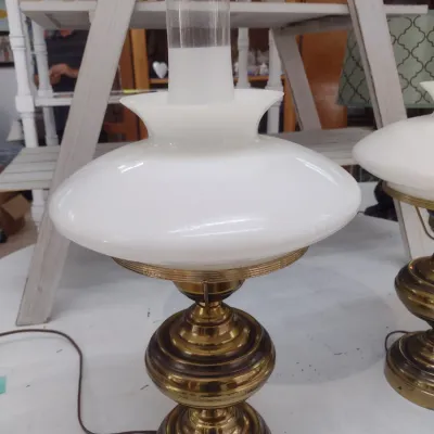 Sale Photo Thumbnail #577: Pair of Matching Brass Post Floor Lamps with Milk Glass Shades (#78)