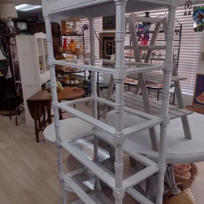 Sale Photo Thumbnail #159: White Distressed Solid Wood Five Shelf Etagere with Glass Insert Shelves