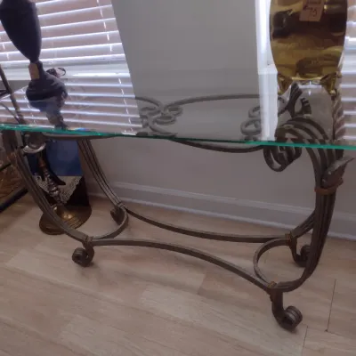 Sale Photo Thumbnail #426: Wrought Metal Base Glass Top Sofa Table (#57)