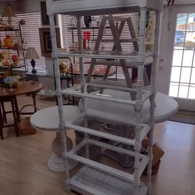 Sale Photo Thumbnail #158: White Distressed Solid Wood Five Shelf Etagere with Glass Insert Shelves