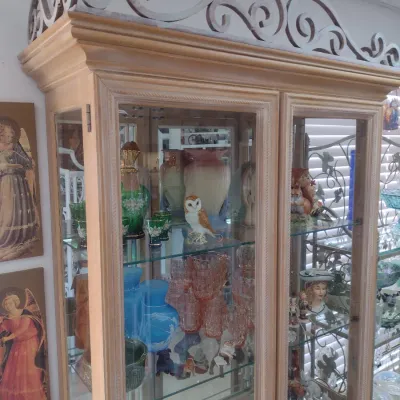 Sale Photo Thumbnail #213: Large Glass Curio Cabinet with Wrought Metal Scroll Accents (#29)