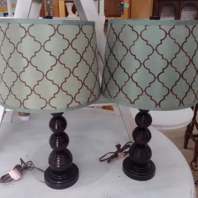 Sale Photo Thumbnail #550: Pair of Matching Turned Faux Wood Base Table Lamps with Shades (#74)
