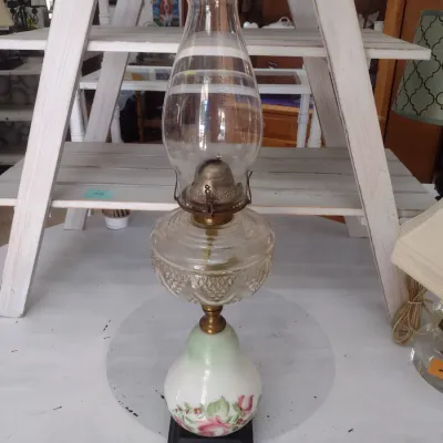 Sale Photo Thumbnail #619: Vintage Oil Lamp with Ceramic Painted Base (#86)