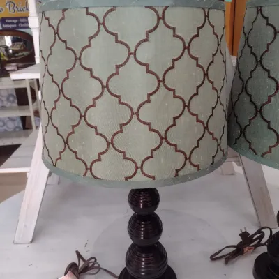 Sale Photo Thumbnail #551: Pair of Matching Turned Faux Wood Base Table Lamps with Shades (#74)