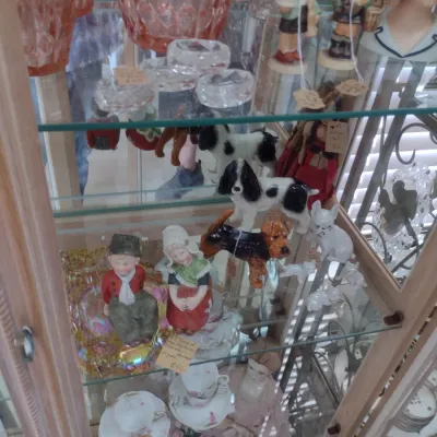 Sale Photo Thumbnail #216: Large Glass Curio Cabinet with Wrought Metal Scroll Accents (#29)