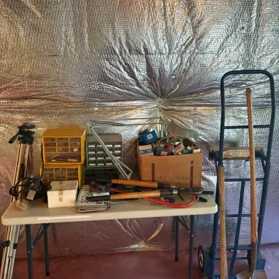 Utility Lot: Folding Work Table, Hand Cart, Pickaxe, Shovel, Magnifying Lamp & Organizer Drawer