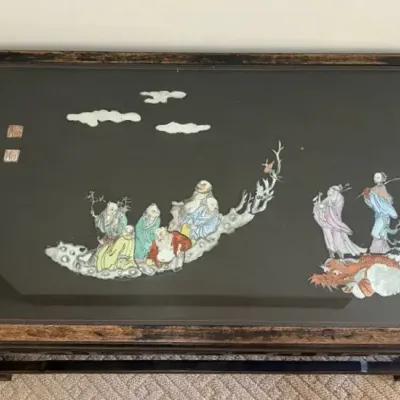 Asian Black Lacquer Glass-Top Coffee Table featuring Inlaid Immortal Scene