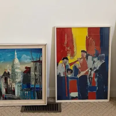 Vintage Framed Wall Art Lot – Oil Painting, Modernist Print & Travel Poster (Set of 3)