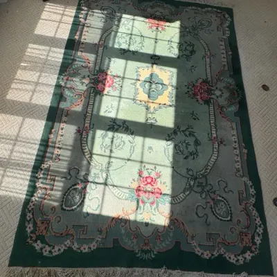 Chinese Nichols Style Green & Rose Floral Wool Area Rug – 10' x 6.5'