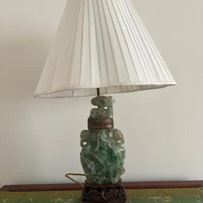 Chinese Carved Green Quartz / Jadeite Table Lamp
