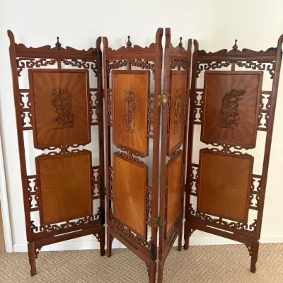 Vintage 4-Panel Carved Wood Asian Folding Room Divider Screen