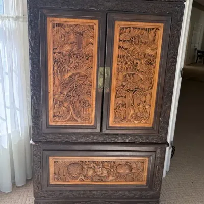 Vintage 2-Piece Relief-Carved Wood Asian Armoire Cabinet