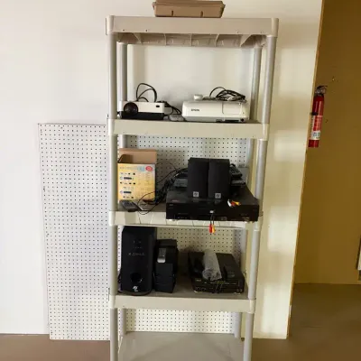 Audio-Visual Electronics Lot – 5-Tier Plastic Shelf, Projectors, MA Audio 5.1 System, JVC DVD Player