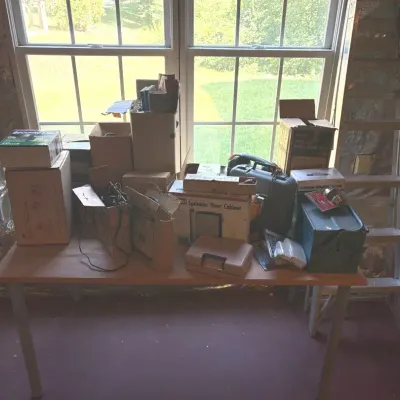 Massive Workshop Lot – Wooden Table, 6 ft Aluminum Stepladder & Power/Hand Tools