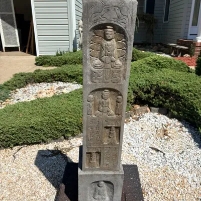 Asian Carved Stone Tower Statue - Buddha Figures & Inscribed Characters