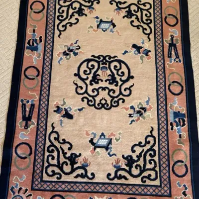 Vintage Chinese Wool Area Rug with Floral Border & Symbol Motifs