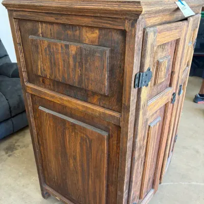 Rustic Dark Stained Wooden 2-Door Storage Cabinet w/ Wrought Iron Hardware