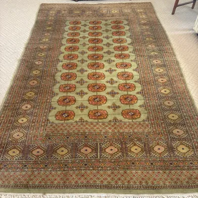 Hand-Knotted Pakistani Green Bokhara Area Rug