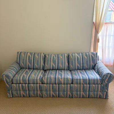 Vintage Gilliam Blue & Pastel Striped Queen Sofa Bed / Couch