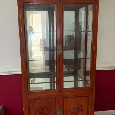 Vintage Asian Inspired Glass Curio Cabinet with Brass Hardware