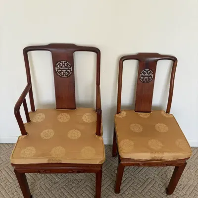 Vintage Asian Hardwood Armchair and Side Chair Pair – Carved Shou Medallion