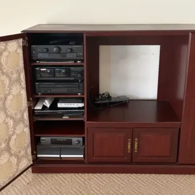 Cherry-Finish Entertainment Unit & Vintage A/V Electronics Lot (Technics, TEAC, Sharp)