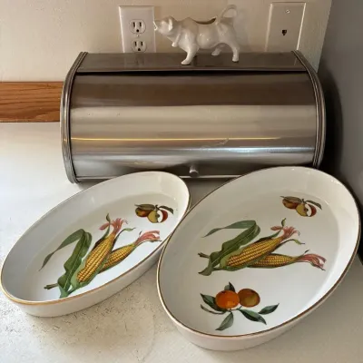 Royal Worcester Porcelain Baking Dishes, Cow Cream Holder, & Breadbox