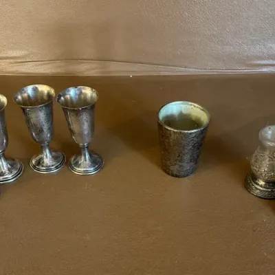 Preismer Sterling Egg Cups, Garden Silversmiths Shot Glass, & Newport Silver S&P Shakers 