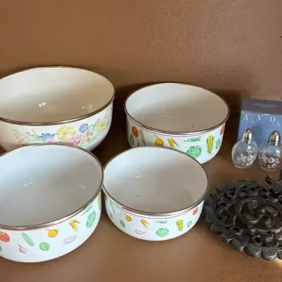 Avon Hummingbird Salt & Pepper Shakers, Enamel Bowls & Cast Iron Trivet 