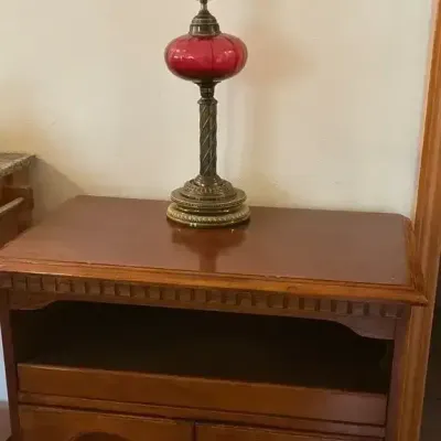 Wooden Media Console & Pink Glass Lamp 