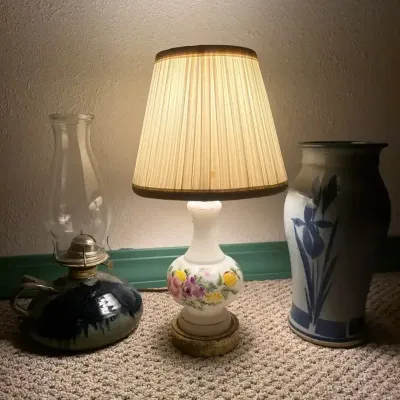 Milkglass Lamp W/ Stoneware Oil Lamp & Vase