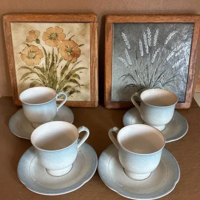 Set Of Four Mikasa Cup & Saucers W/ Stone Trivets 