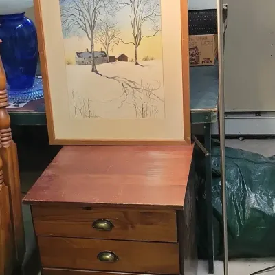 Ruth Perkins Safford Watercolor, Cabinet & Floor Lamp