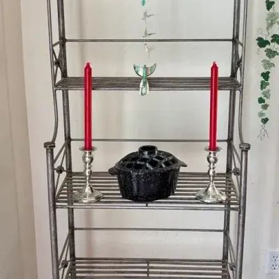 Enamel Cast Iron, Pewter Candle Holders, Bird Mobile W/ Shelf 