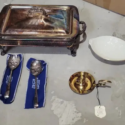 Silver Plated Chaffing/Serving Dish, Lenox Dish, Brass Candlestick Holder