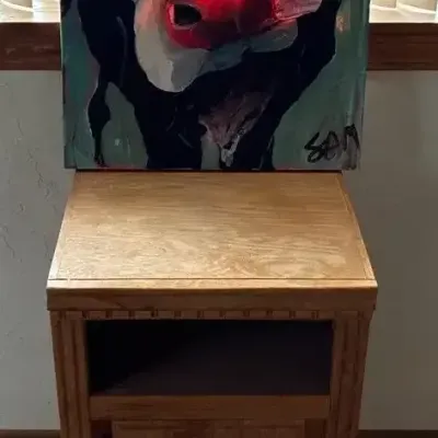 Wooden Side Table & Original Cow Painting By Sam 