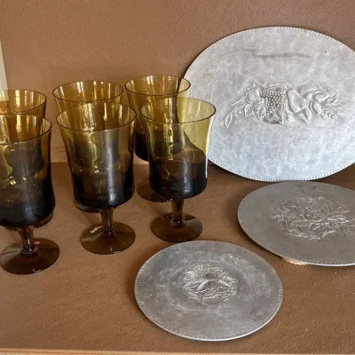 Denby Colored Stemed Glasses & Forged Aluminum Trivets 