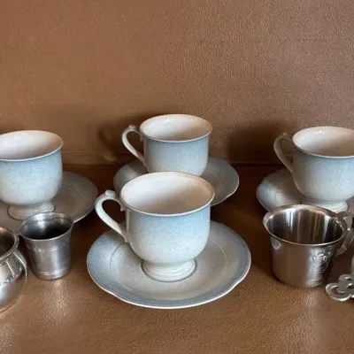 Set Of Four Mikasa Stonekraft Cup & Saucers W/ Pewter 