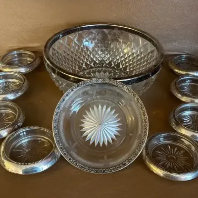 Cut Glass Entertaining Ware W/ Metal Rim Detailing 