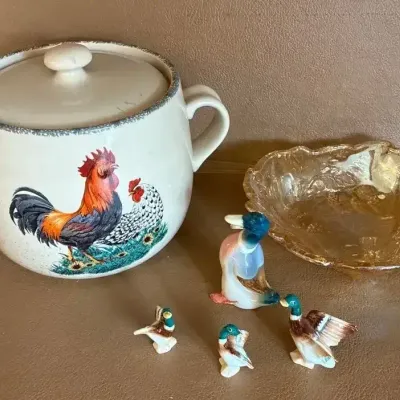 Mallard Figurines, Cookie Crock & Carnival Glass Dish 