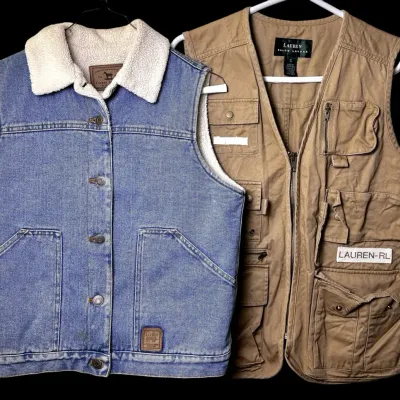 VTG Ralph Lauren Vests: Sherpa-Lined Denim & Utility Cargo: Size S