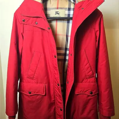 Authenticated Burberry London Red Hooded Check-Lined Jacket: Size M