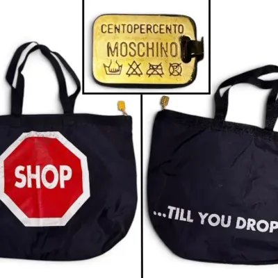 Authenticated Moschino Vintage Redwall “Shop Till You Drop” Nylon Tote & Pouch