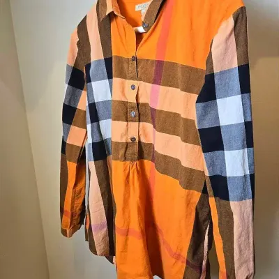Authenticated Burberry Brit Orange Giant Check Popover Tunic Shirt: Size M